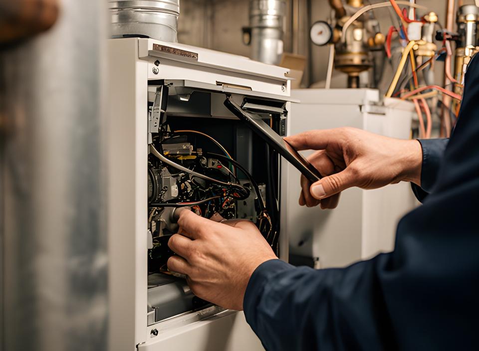 Techniker prüft eine Heizungsanlage in einem Wiener Technikraum mit geöffneter Serviceklappe