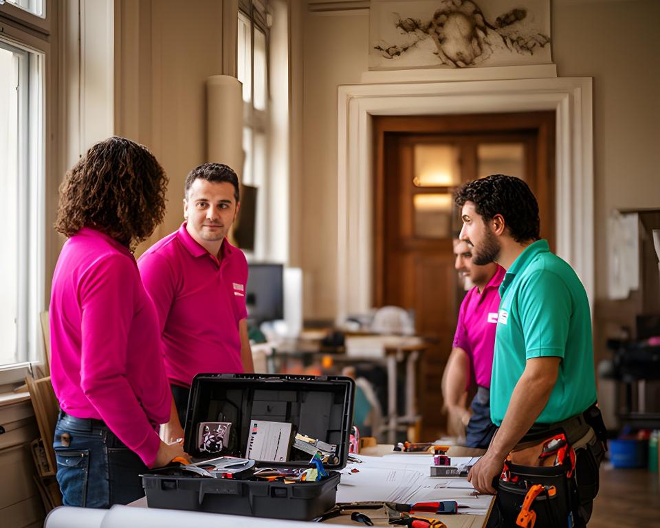 HLK-Team bei der Besprechung in einer Wiener Altbauwohnung mit Werkzeugkoffer und Plänen